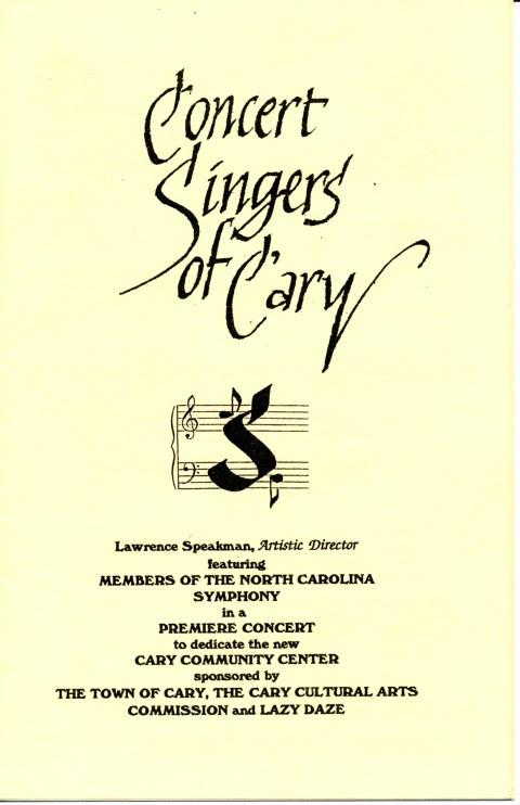 Concert Singers of Cary premiere concert poster, 1992
