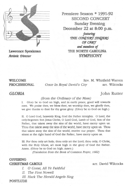 Concert Singers of Cary premiere concert poster, 1992